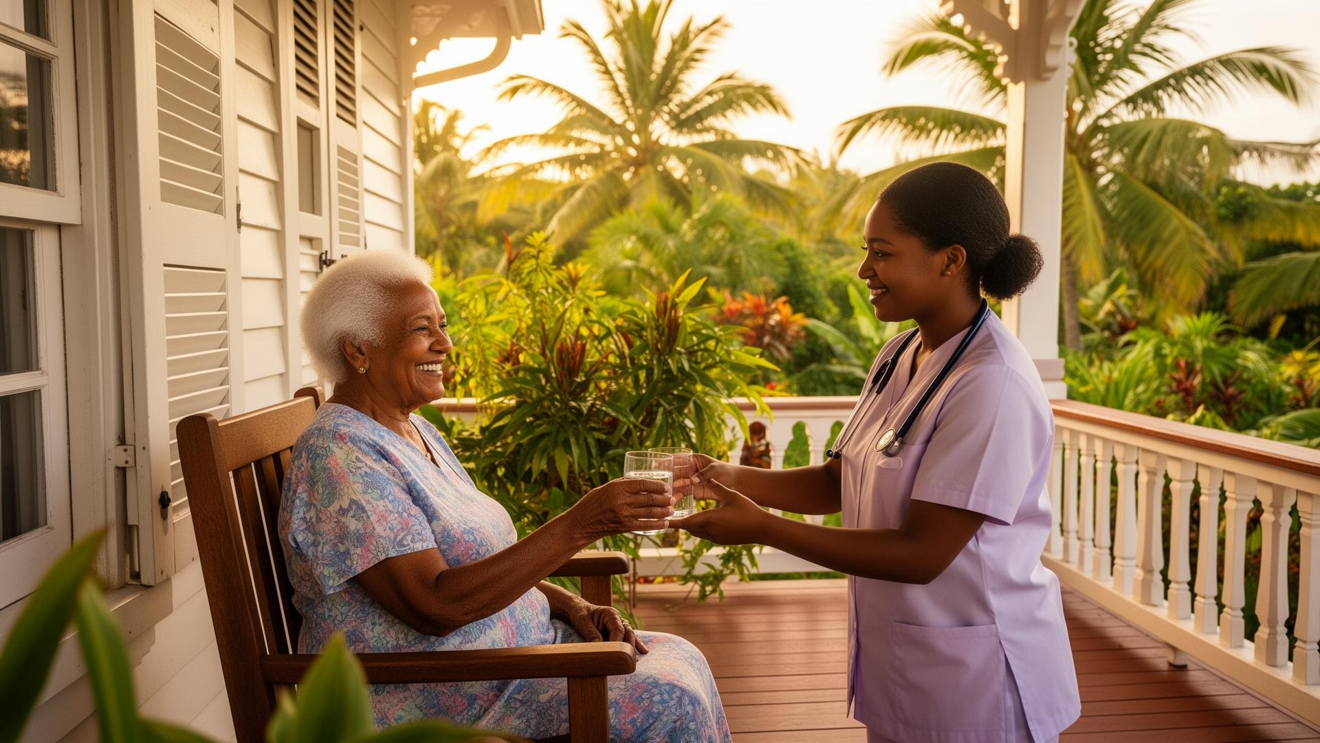 Aidante Kaz Senior accompagnant une dame âgée sur la véranda d'une maison créole